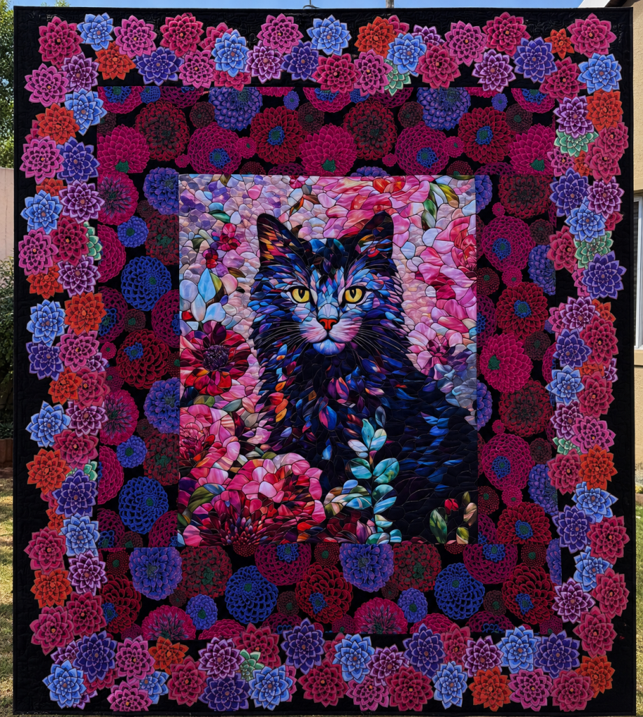 Gigi quilt panel with Kaffe Fassett border and appliqué flowers in border.