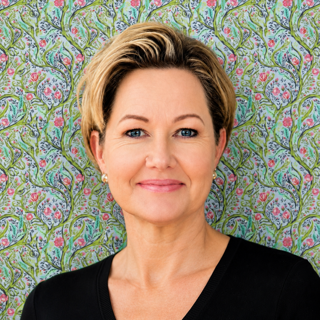 Augusta in front of Tula Pink fabric